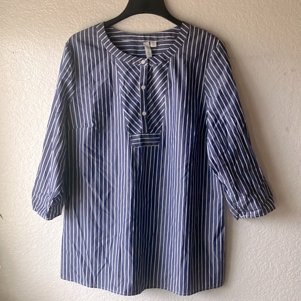 Tecera 100% Cotton Blue & White Stripes Fisherman's Tunic Top women’s XL